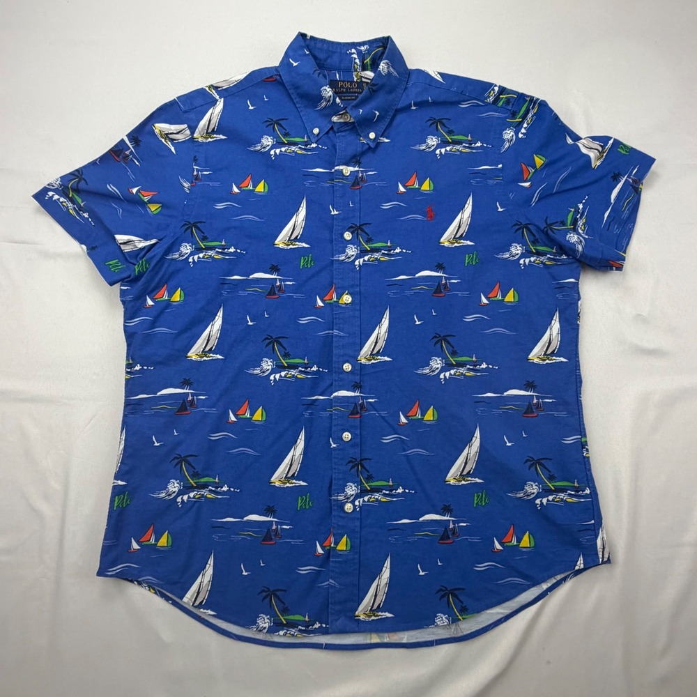 Polo Ralph Lauren Button Down Shirt Mens LG Blue Nautical Sailboat Classic Fit